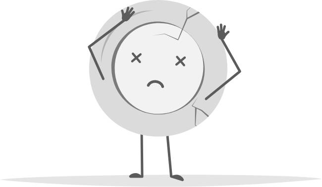 A cartoon plate character with crossed out eyes and cracks on the body