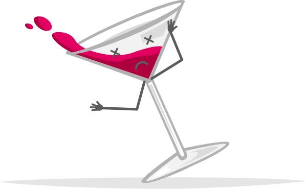 A cartoon cocktail glass character tipping over and spilling it's drink