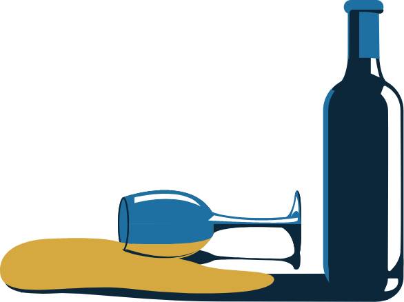 A spilt wine glass with the wine bottle stood next to it